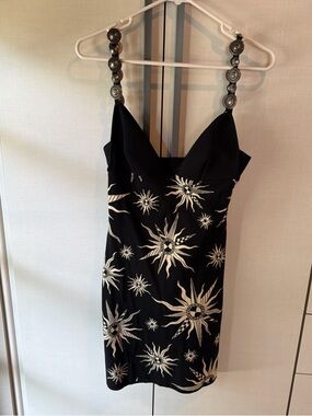 Black Mini Dress with Cream Sunburst Embroidery